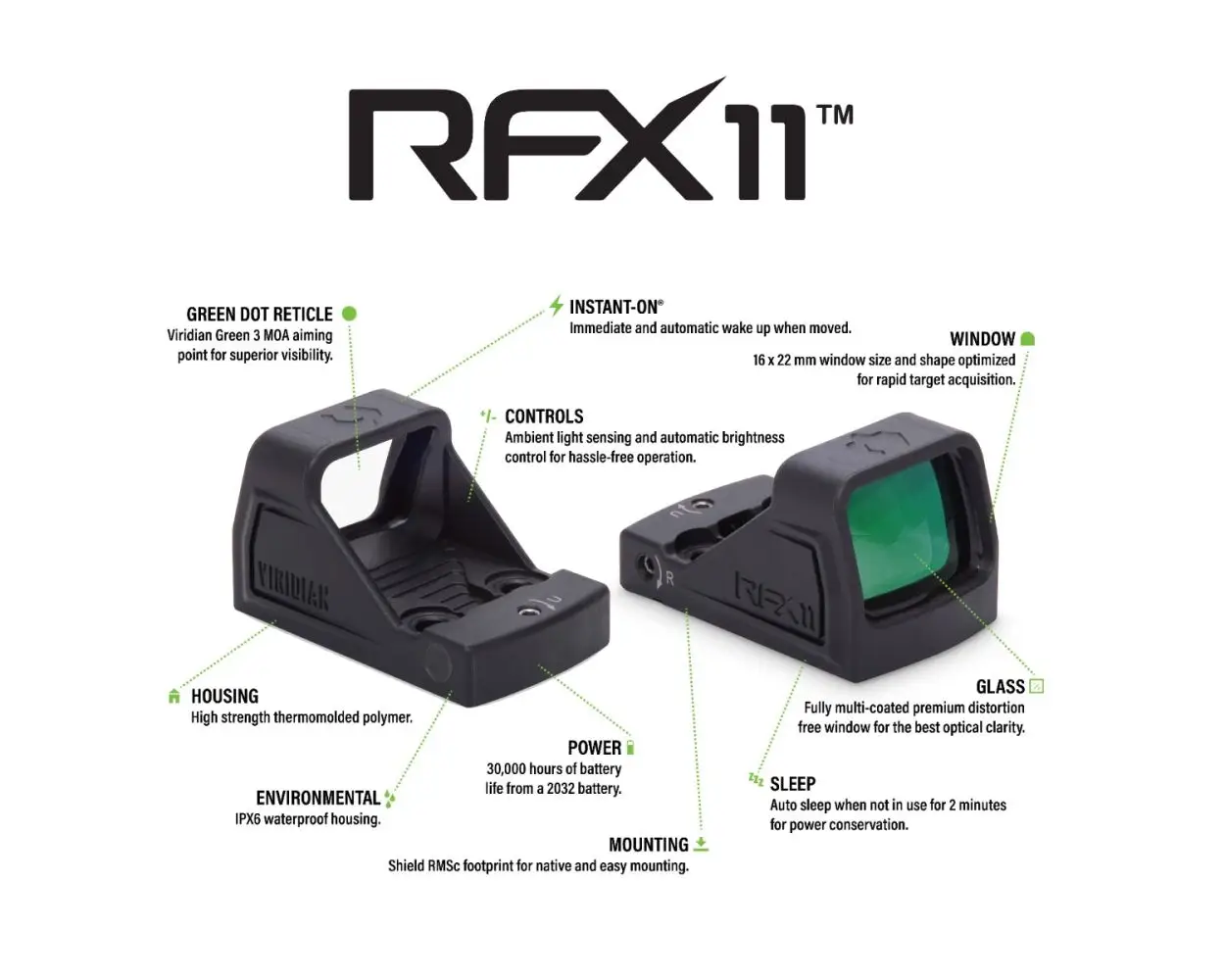 Viridian RFX-11 Micro Reflex Green Dot Sight 1x 16 3 MOA Dot Matte Black - Image 3