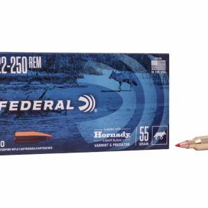 Federal Varmint & Predator 22-250 Remington Ammo 55 Grain Hornady V-Max Polymer Tip is a premium hunting load designed to deliver exceptional accuracy, high velocity, and explosive terminal performance