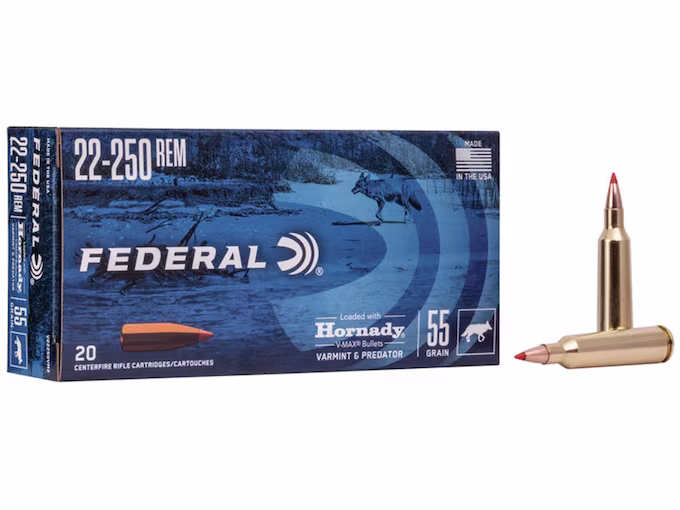 Federal Varmint & Predator 22-250 Remington Ammo 55 Grain Hornady V-Max Polymer Tip is a premium hunting load designed to deliver exceptional accuracy, high velocity, and explosive terminal performance